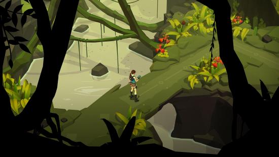 Lara Croft walking through a forest