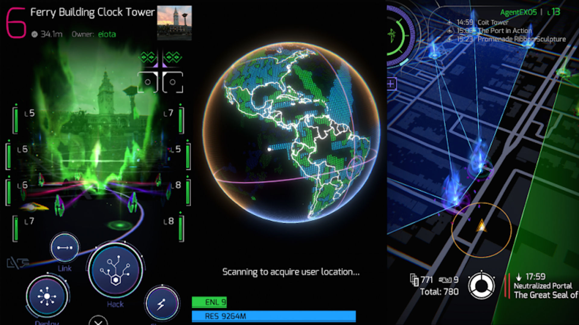 Games like Pokémon Go - Three neon images of maps and Earth