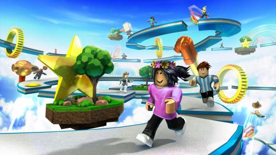 Art from the game Roblox featuring avatars running around in a colourful virtual space.