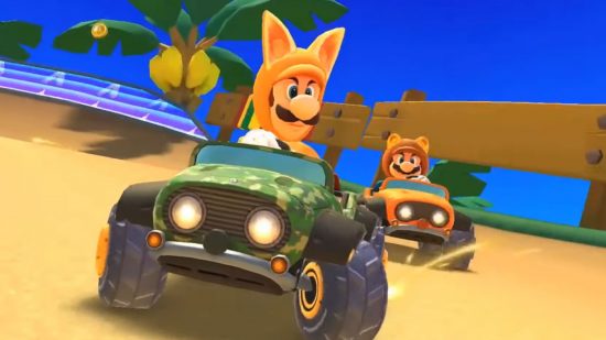 Screenshot of Mario and Luigi racing in animal costumes for Mario Kart Tour update news