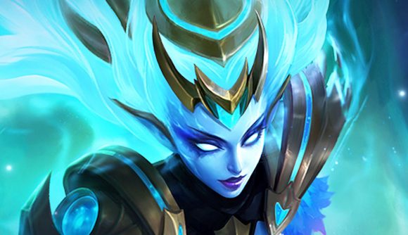 Art from Mobile Legends showing a woman, with a blue face and strange futuristic armour. Her hair is blue fire, and she looks a bit like a god or alien.