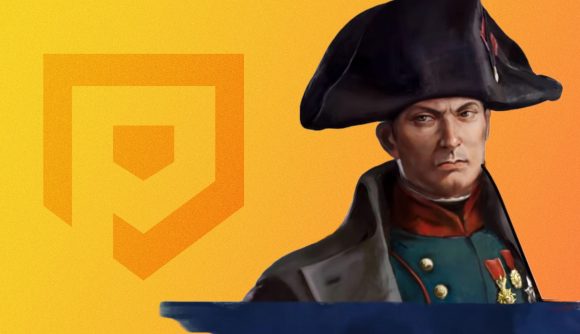 Napoleon in Total War Elysium in front of Pocket Tactics yellow logo
