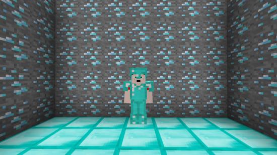 Minecraft Diamonds: A player wearing full diamond armour stands in a room made entirely of diamonds