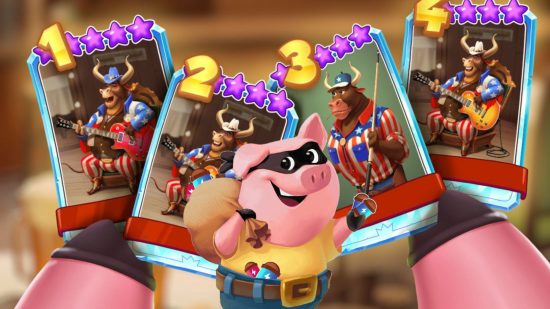 Custom image for Coin Master free spins guide with a selection of cards from the game with the pig himself holding some power packs