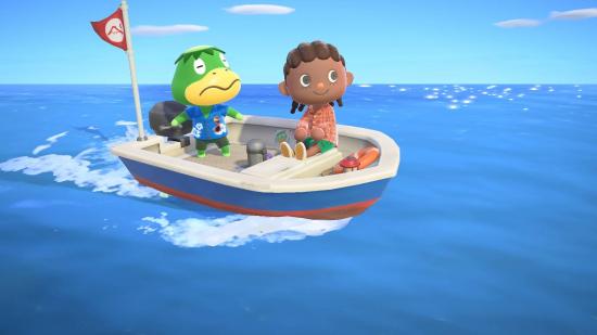 A villager rides on a boat while Kapp'n steers it