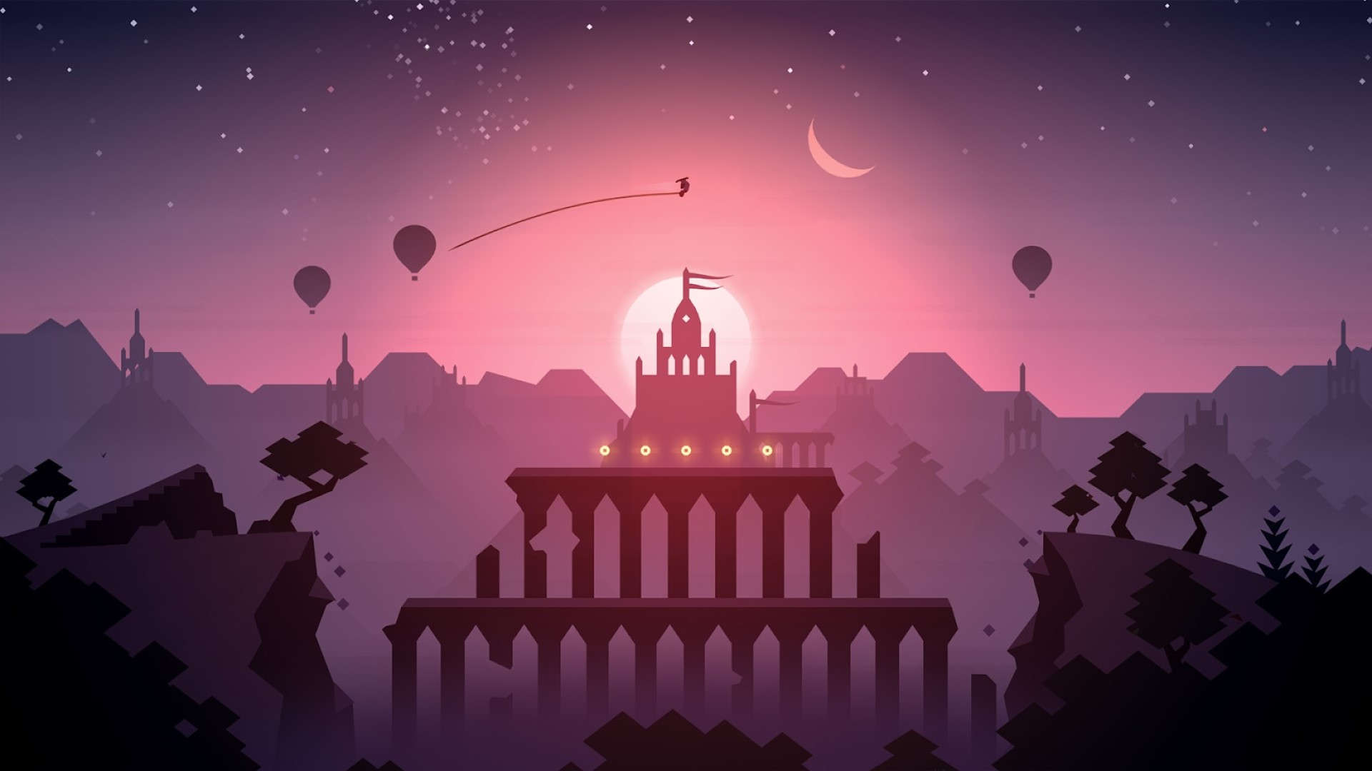 Best Android games: Alto's Odyssey, Image shows a beautiful tower silhouetted in the darkness.