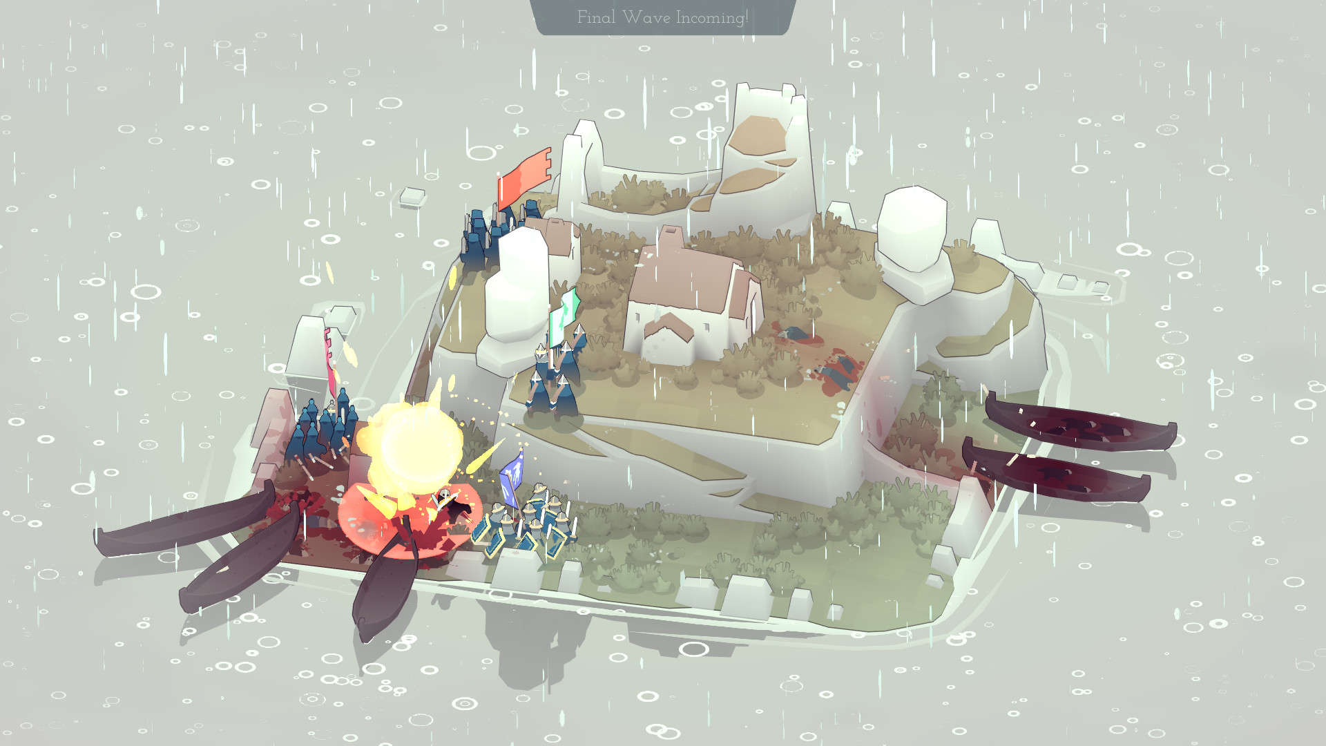Best Android games: Bad North. Image shows an island in the rain.