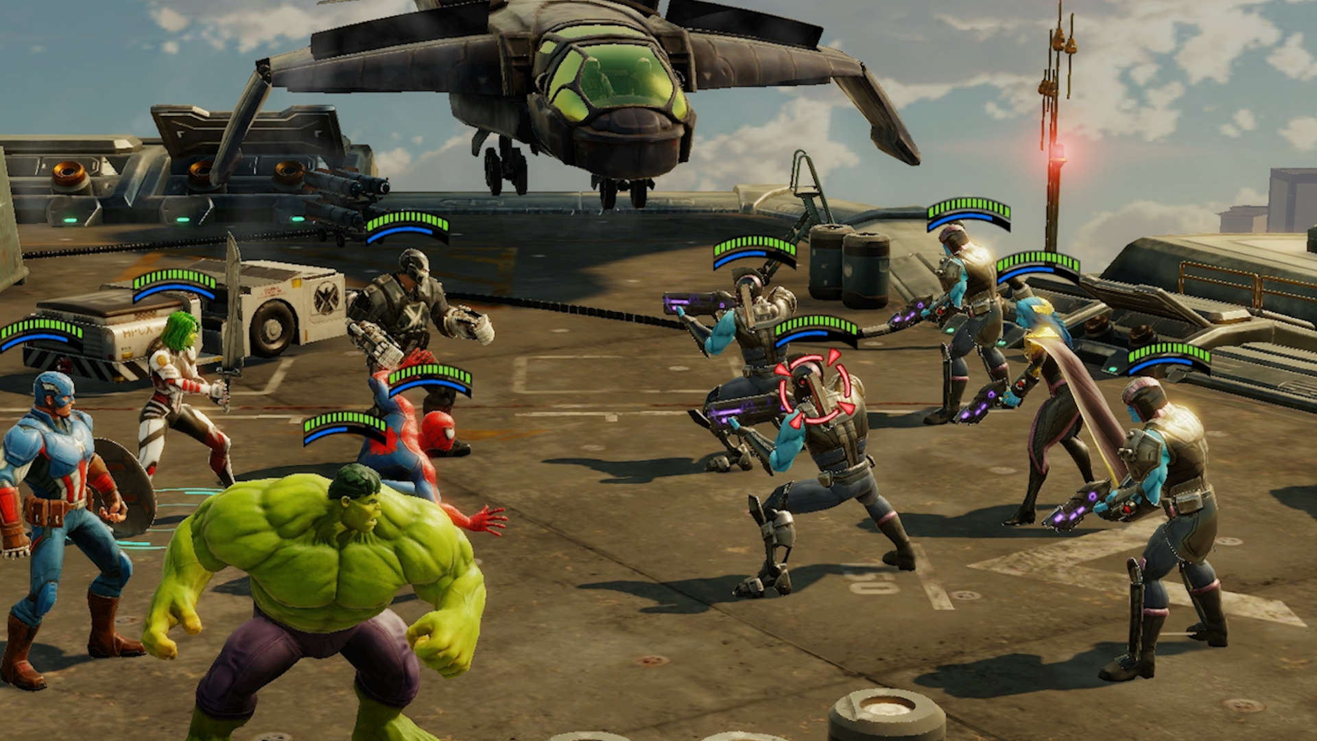 最佳GACHA遊戲：漫威罷工部隊。圖像顯示了戰鬥中的一群漫威角色，包括美國隊長和令人難以置信的綠巨人。