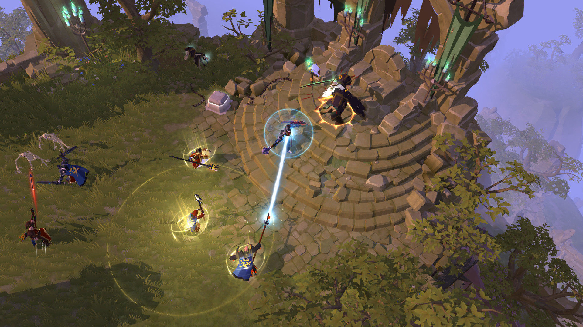 Best MMORPGs: Albion Online. Image shows a magical battle taking place on an alter-like structure.