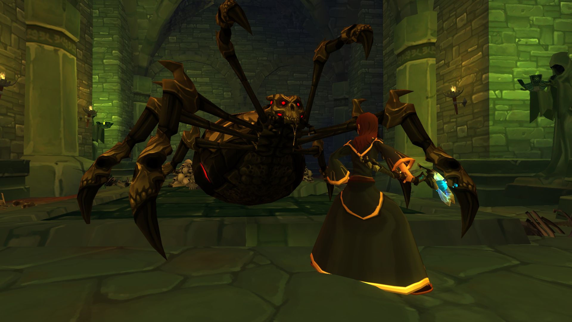 Лучшие мобильные MMORPGS: Adventure Quest 3D. Изображение показывает мага, который собирается сразиться с гигантским пауком с головой, похожей на череп