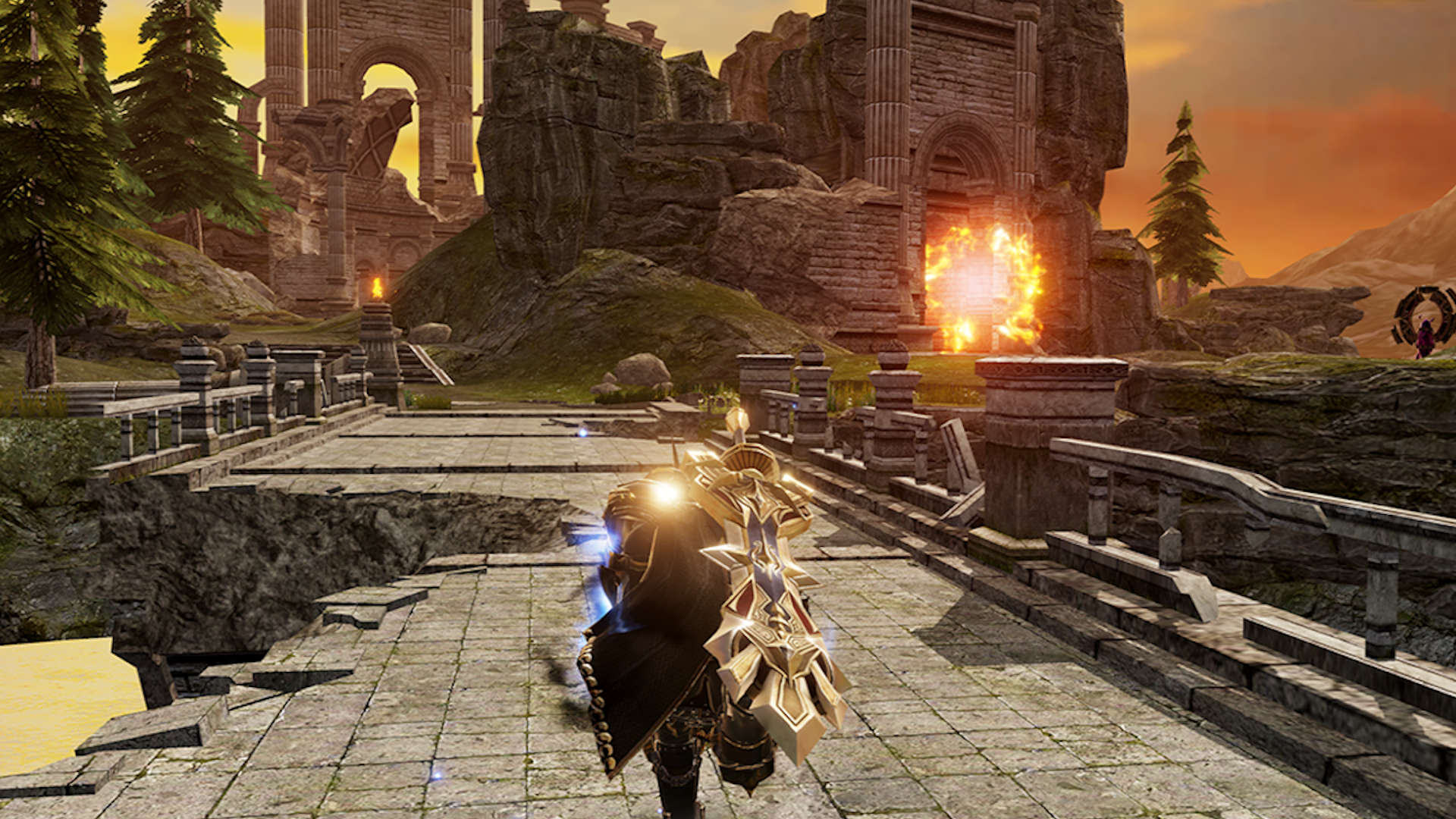 أفضل MMORPGs Mobile: AX: Alliance vs Empire. تظهر الصورة شخصية مع سيف عملاق يمشي فوق جسر كبير تالف