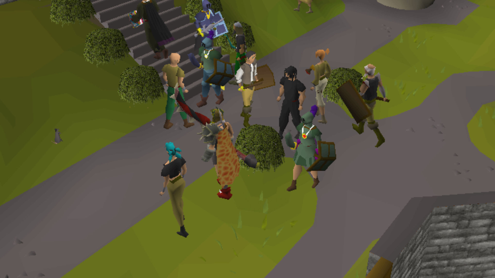Best mobile MMORPGs: Old School RuneScape. Image shows a group of slightly polygonal characters on a path near some grass.