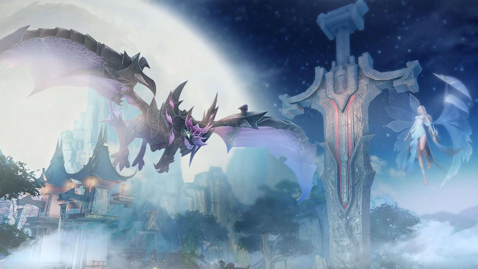 Bästa mobila MMORPG: Perfect World Mobile. Bilden visar en drake som flyger förbi en fantastisk struktur