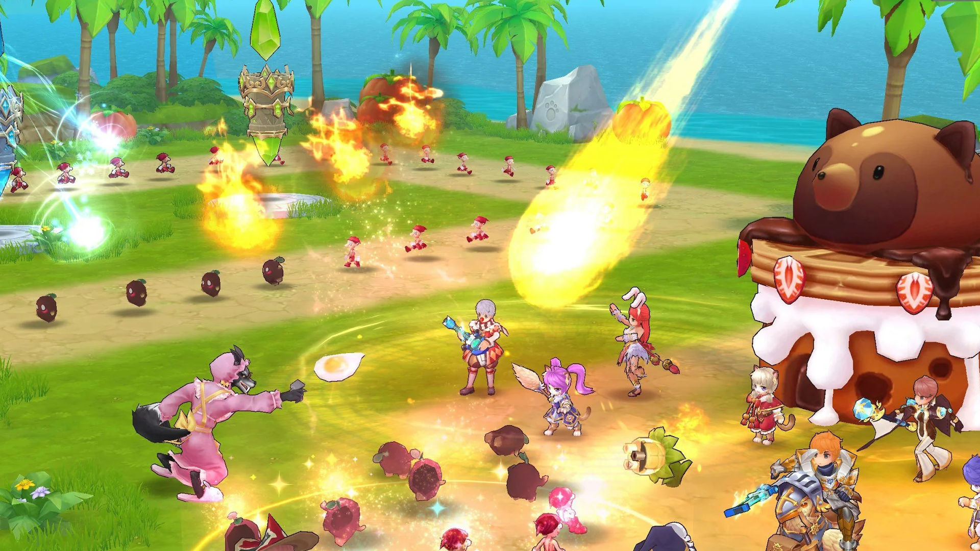 Best mobile MMORPGs: Ragnarok M: Eternal Love. Image shows a bad wolf casting down a ball of fire onto a woman throwing a de-shelled egg.