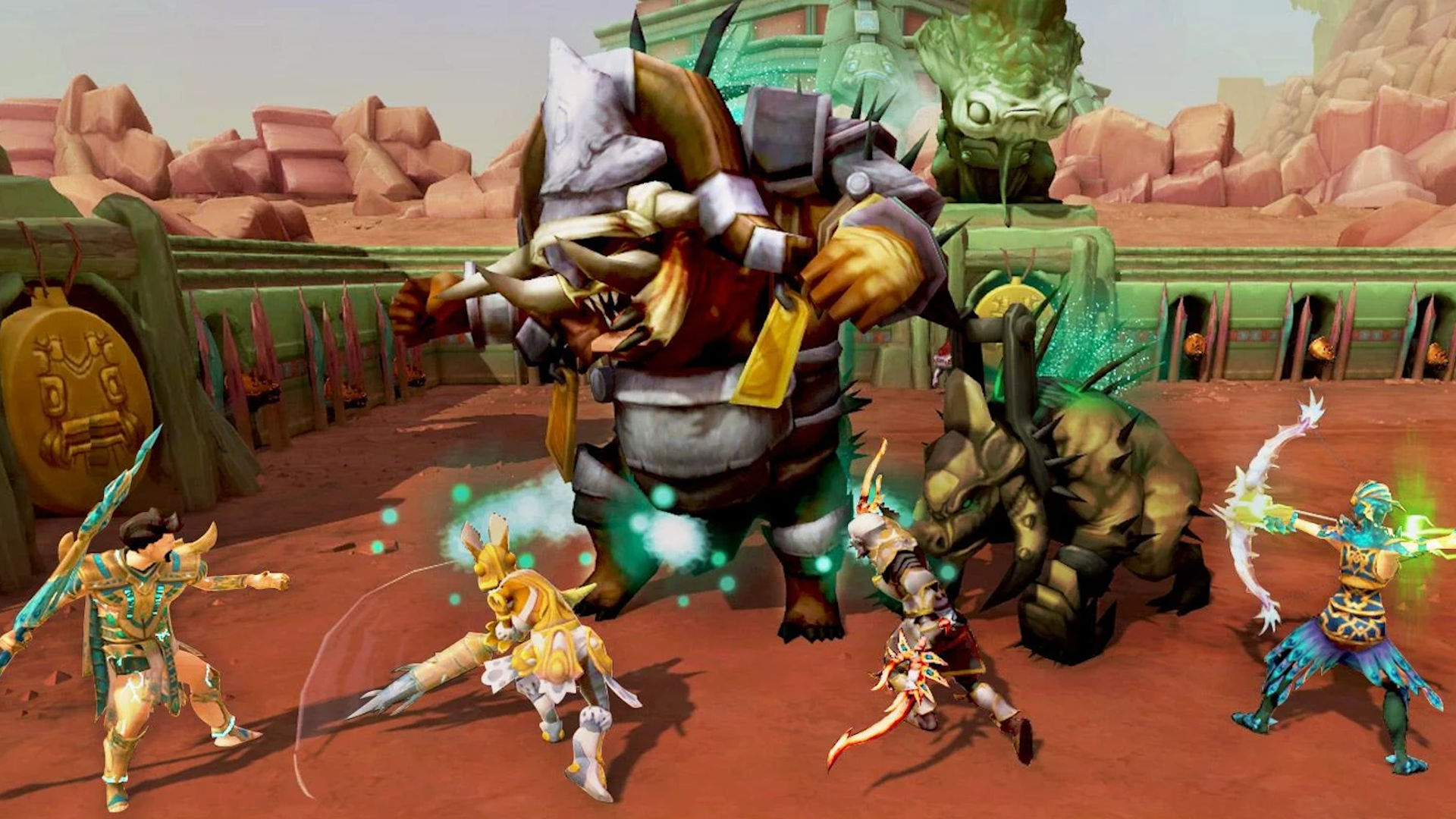 Best mobile MMORPGs: RuneScape Mobile. Image shows a part of four fighters doing battle with a giant ogre-like beast.