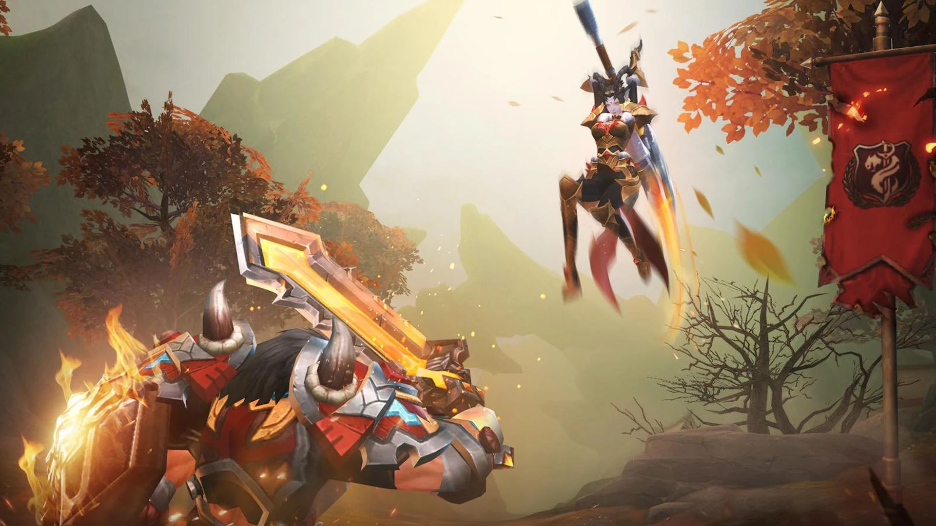 Beste mobile MMORPGS: World of Kings. Bildet viser en kvinne med et sverd som hopper for å angripe en pansret figur