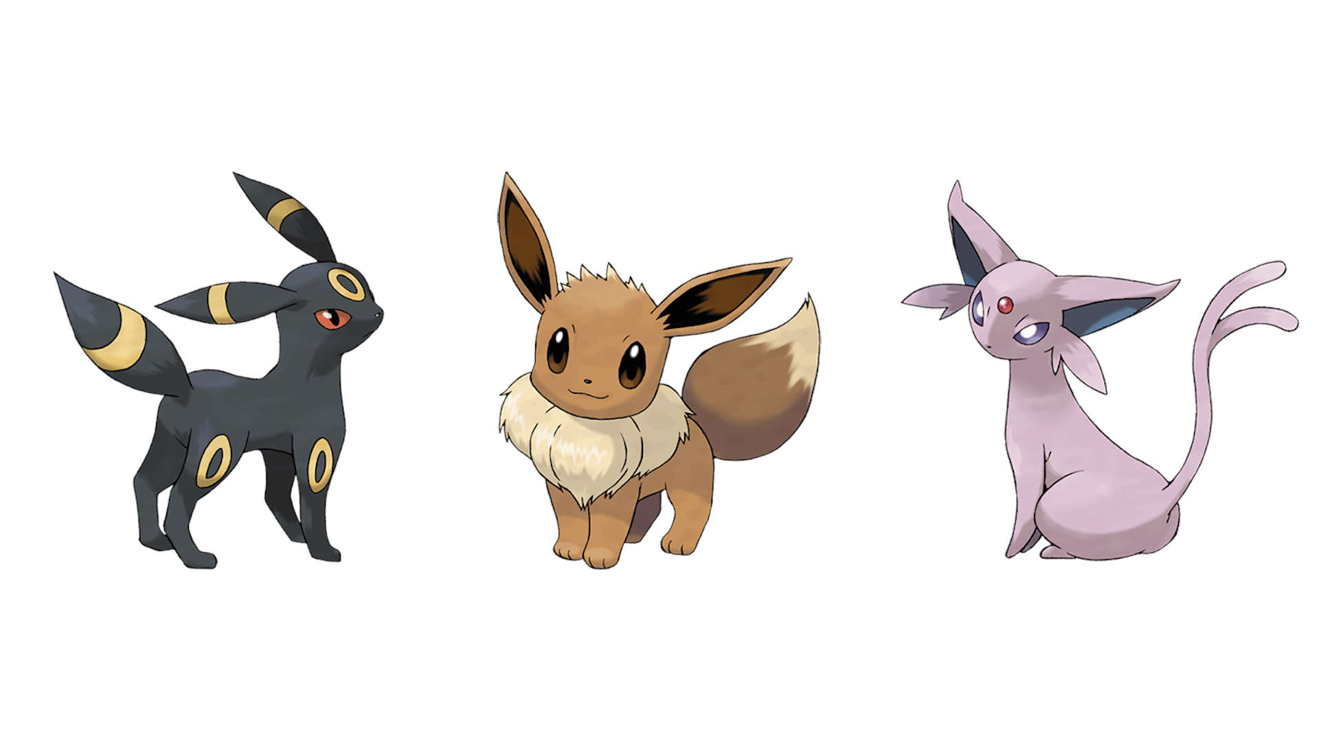 Pokémon Go Eevee Evolution - Eevee در کنار Umbreon و Espeon در برابر پس زمینه سفید