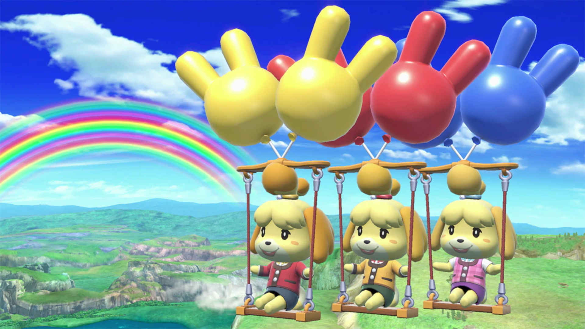Smash Bros tier list - Three different Isabelle flying by on a swing held by balloons