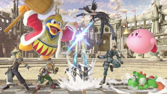 A collection of Nintendo character fight each other in Super Smash Brothers