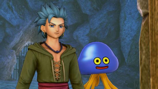 Best Switch RPGs - a Dragon Quest character and a blue slime looking past the camera