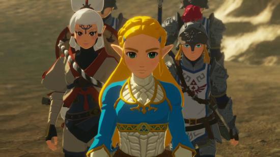 Link, Impa, Zelda, and two Hylian guards are marching in formation.