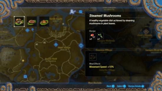Cooking screen before accepting a mission. The highlighted recipe is Steamed Mushrooms and requires two Hylian Shrooms and two Hyrule Herbs to make. It grants +10% movement speed.