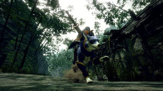 The hunter is riding a Palamute - a blue dog the size of a wolf.