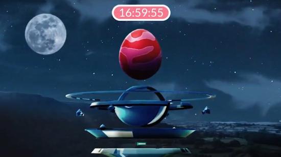 A raid egg with a countdown above it at night