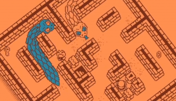 Two pixel-art snakes chase a toad through a dungeon