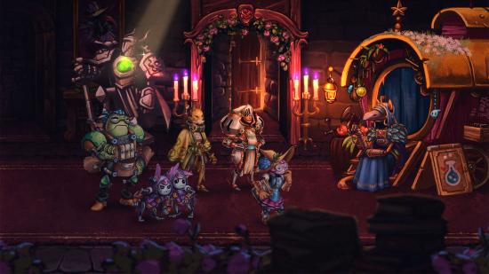 Heroes chatting to a storekeeper in SteamWorld Quest