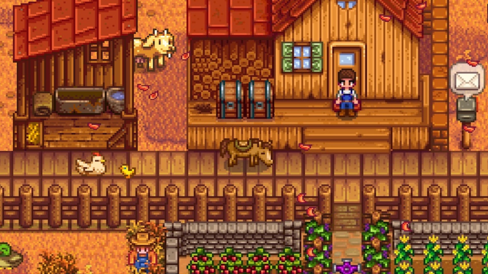 Best Android games: Stardew Valley. Image shows a pixelated farmhouse with a cow, chicken, and farmer taking a break