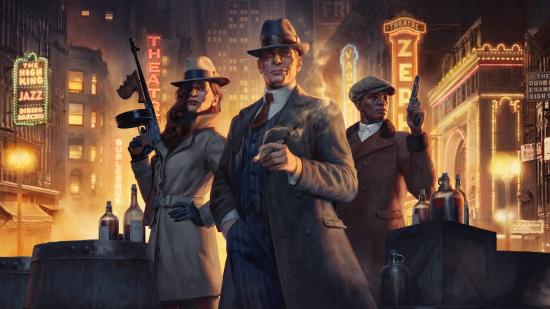 Three gangsters standing in the lit up streets of Chicago. The central gangster is smoking a cigar, while the other two have guns cocked.