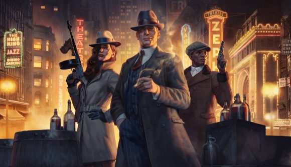 Three gangsters standing in the lit up streets of Chicago. The central gangster is smoking a cigar, while the other two have guns cocked.