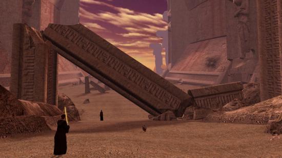 A Sith standing on a sandy planet in Star Wars: Knights of the Old Republic 2