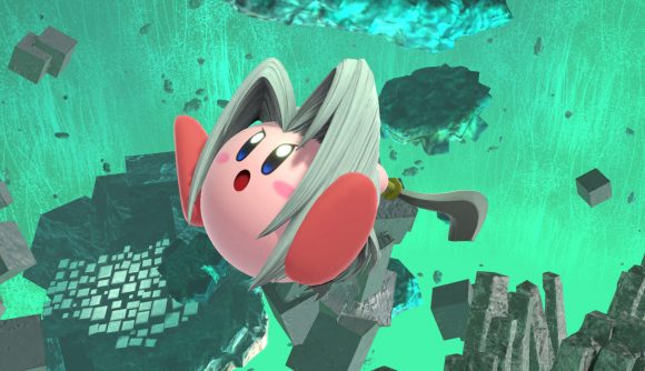 Smash Bros tier list - Kirby dressed as Sephiroth floating in front of a green background