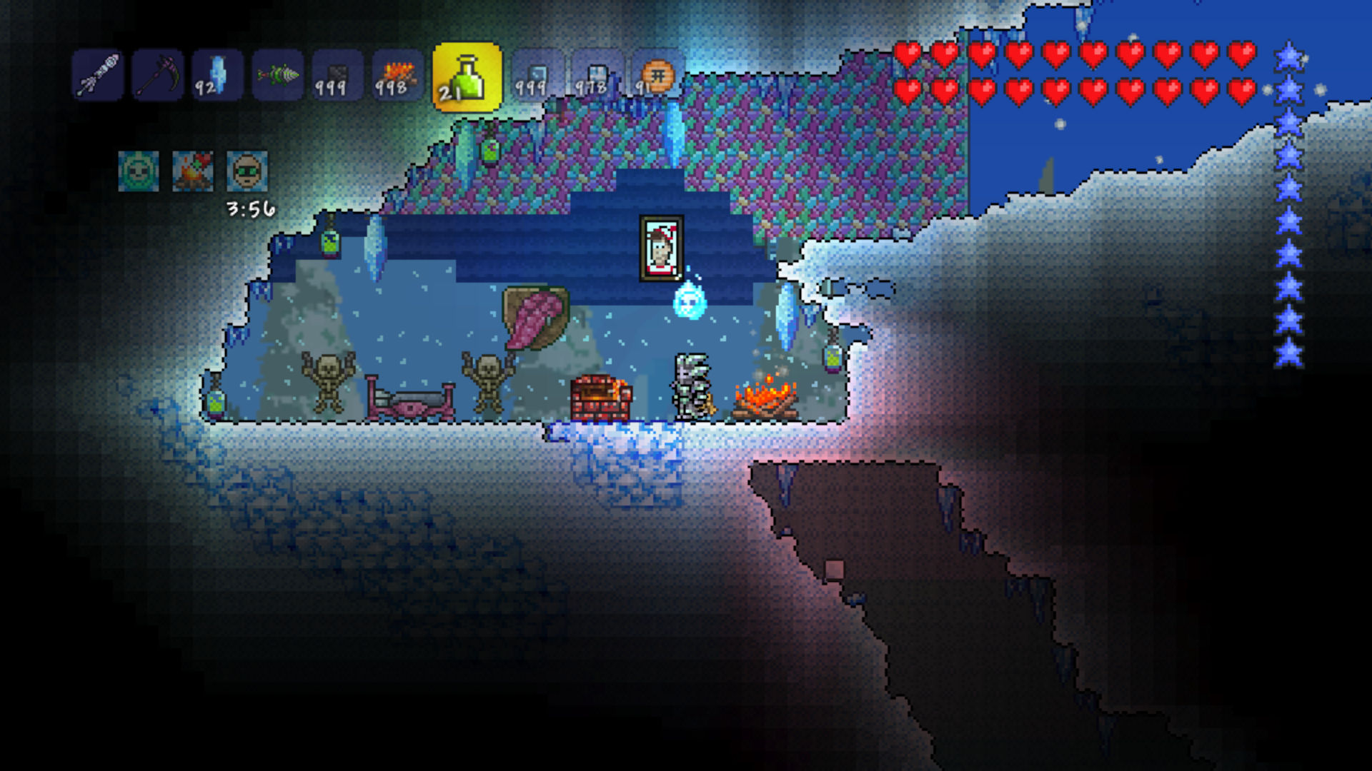 A screenshot of an underground ice room in Terraria