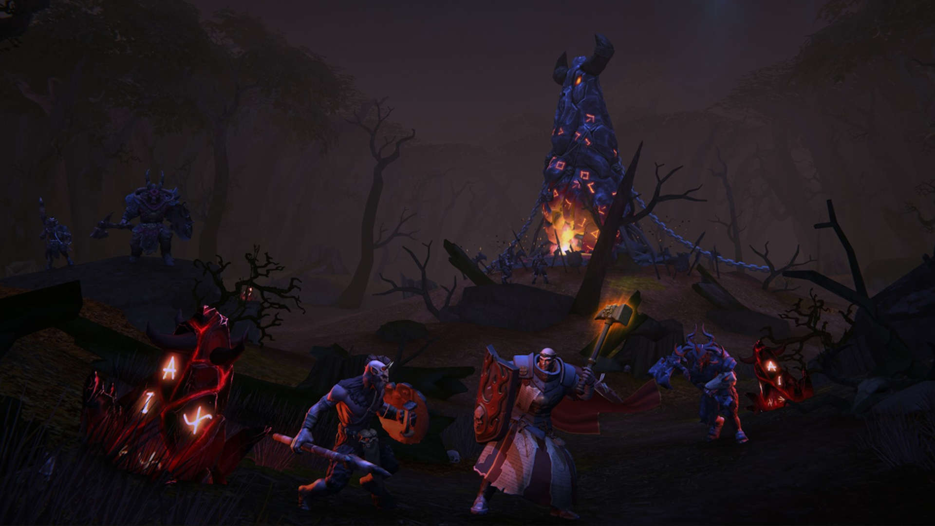 最佳移動MMORPG：戰鎚奧德賽。圖片顯示了一名戰士牧師用錘子和盾牌與敵人作戰。