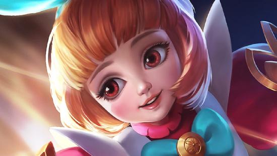 Art from Mobile Legends showing a young woman with massive eyes and a blonde bob. They look like something from a fairytale, with a cutesy outfit.