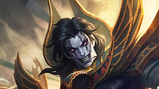 Art from Mobile Legends showing an evil-looking man with a grey face, red eyes, and long black hair. Their armour is futuristic, yet has an Egyptian influence.