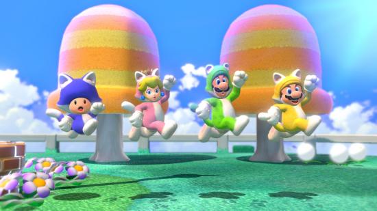 Mario, Luigi, Peach, and Toad jumping in the air