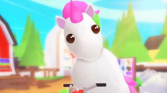 A pink unicorn creator on a colourful background in Adopt Me pets