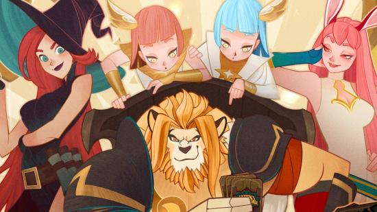 AFK Arena lion character playing cards while other look over his shoulder