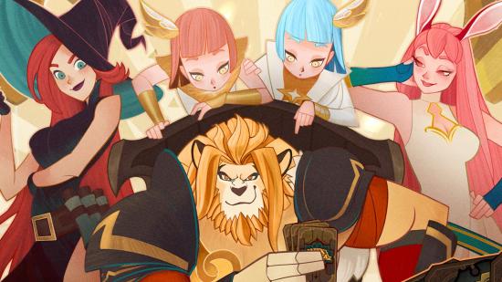 AKF Arena lion surrounded by other characters