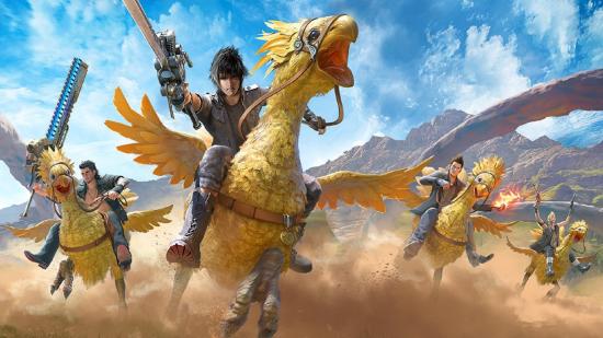 Final Fantasy characters riding chocobo