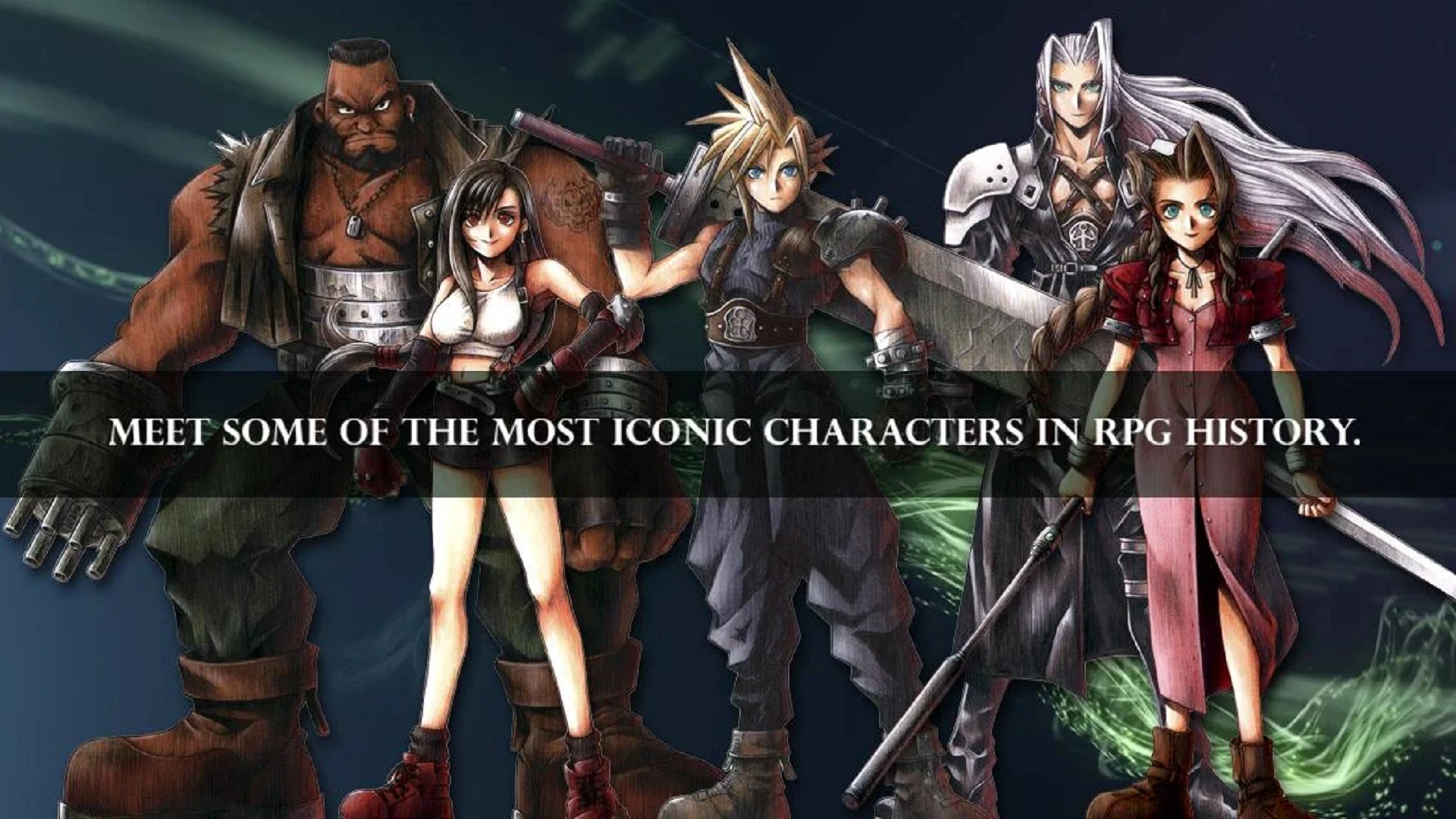 Best mobile RPGs: Final Fantasy VII. image shows the game's cast and text that reads "Meet some of the most iconic characters in RPG history".