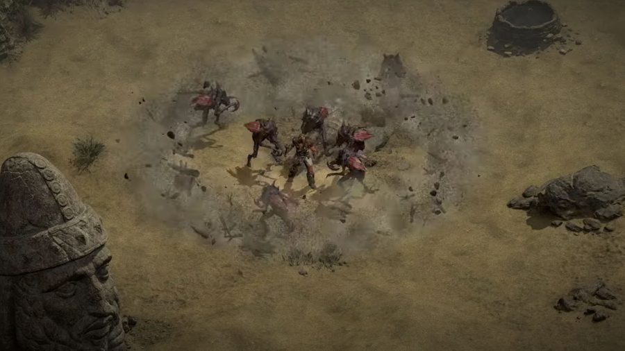 The Barbarian fighting in a desert in Diablo II: Resurrected
