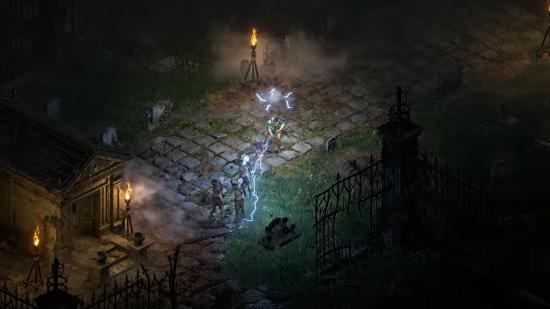 The Sorceress casting a lightning spell in Diablo II: Resurrected