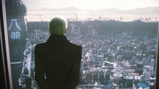 A Shinra employee looking out over Midgar