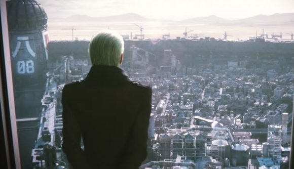 A Shinra employee looking out over Midgar