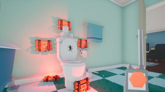 A spider sitting on a toilet surrounded by explosive charges
